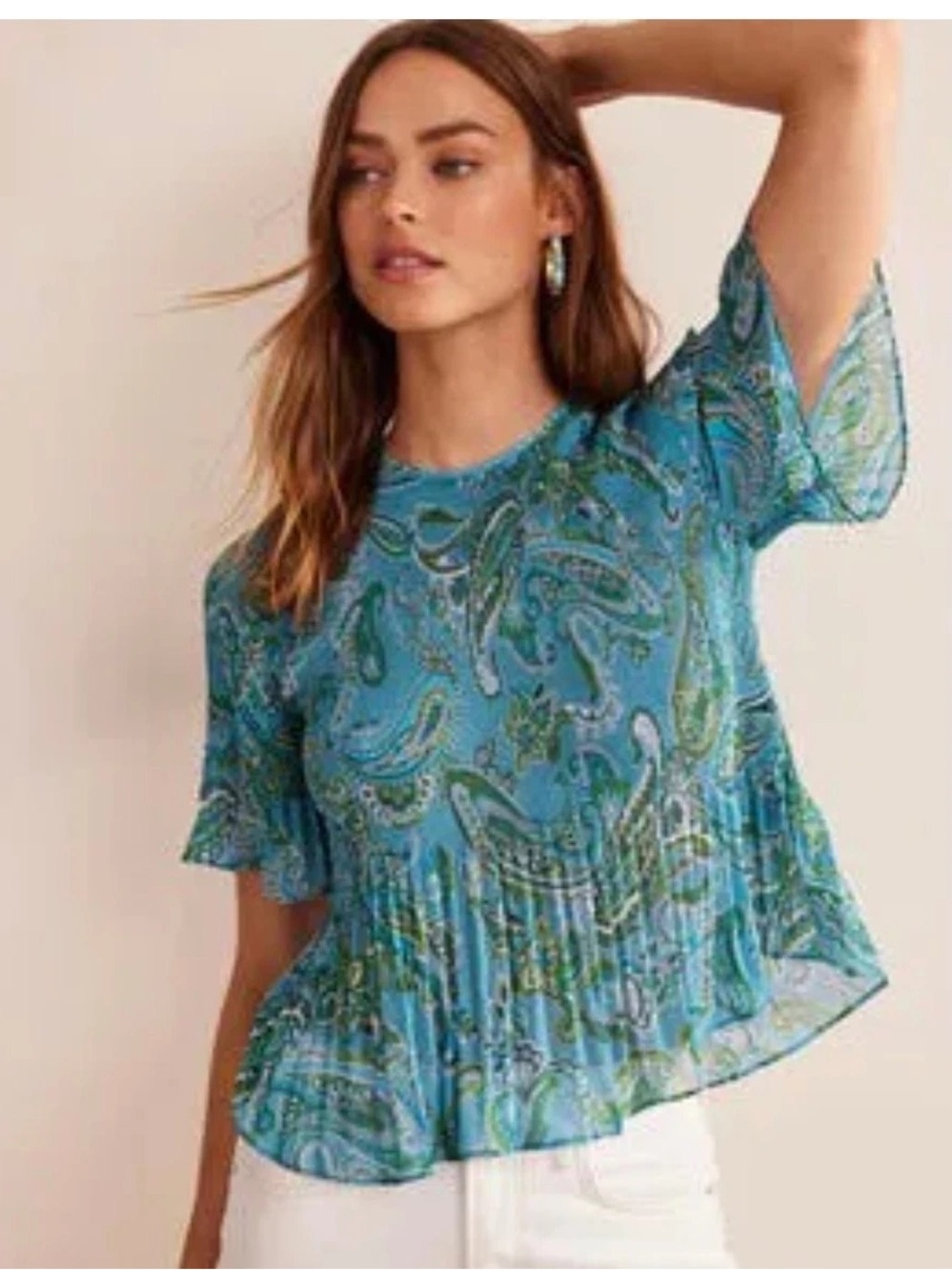 Boden Teal and Light Blue Paisley Short Sleeve Blouse